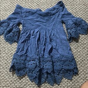 Blue Off-Shoulder Lace Trim Top